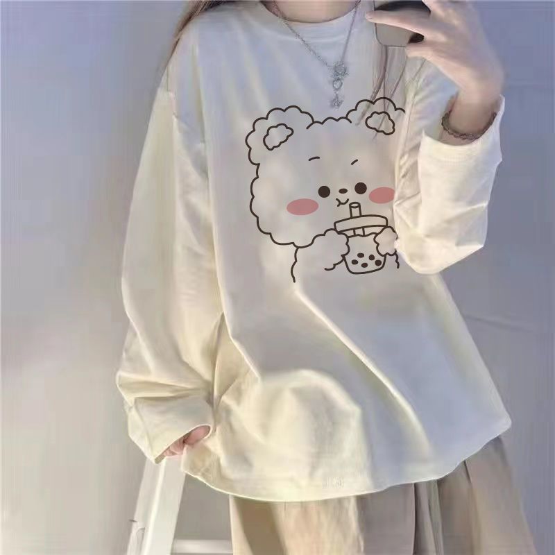 เกาหลี เกาหลี2026สไตล์ใหม่แขนยาวเสื้อยืดสีขาวหญิงฤดูใบไม้ผลิฤดูใบไม้ร่วงนักเรียนเกาหลีรุ่นหลวมการ์ตู