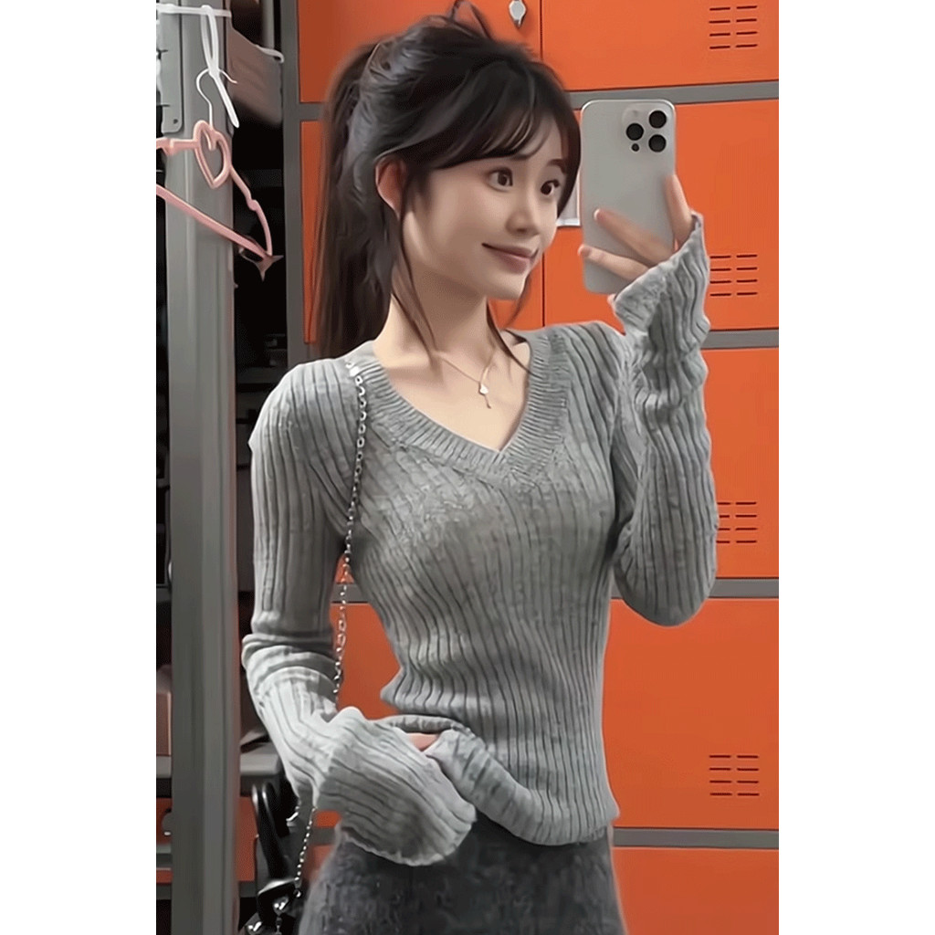 COD 2026 ฝรั่งเศสสีเทา v คอ Pit Strip แขนยาวเสื้อกล้ามผู้หญิงฤดูใบไม้ผลิเสื้อกันหนาว High-End Slim-F