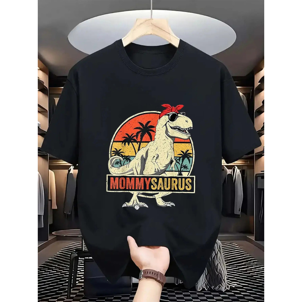 1 ชิ้น เสื้อยืดกราฟิกไดโนเสาร์ย้อนยุคสำหรับผู้ชาย - ข้อความ Mommy-Saurus และการออกแบบ T-Rex ระบายอากาศได้ดี สบายๆ