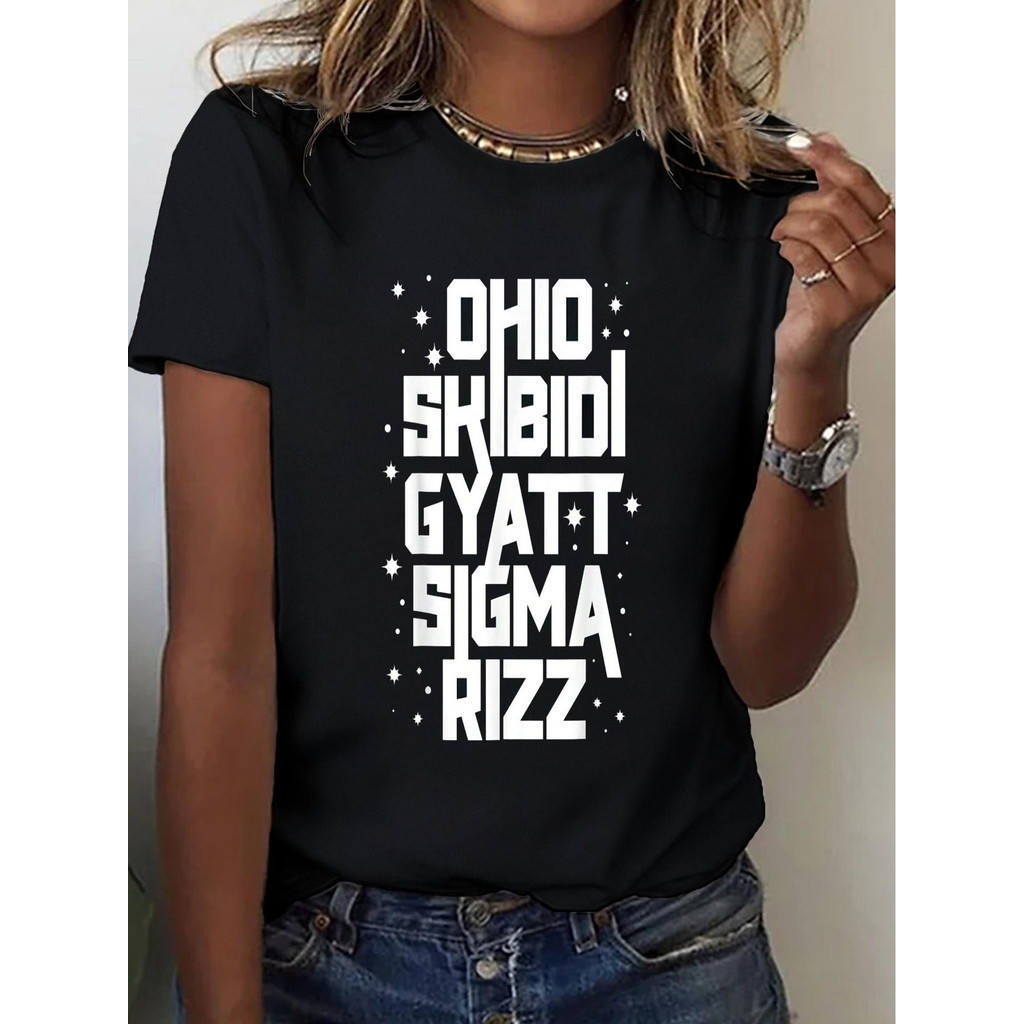 ผู้หญิง เสื้อยืด Skibidi Rizz Gyatt Ohio Sigma Funny Rizzler Toilet Meme สีดำ แขนสั้นสบาย