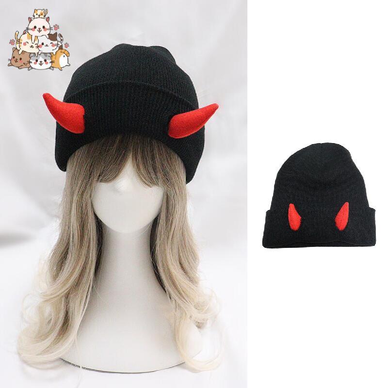 Devil Horns Beanie Punk Skullies Devil Horn Hat Gothic Beanies สีดํา
