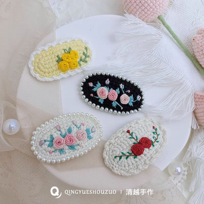 Qingyue I Hand-Crocheted Wool Hairpin Heavy Industry เย็บปักถักร้อยสีดํา Rose Pearl Retro อุปกรณ์เสร