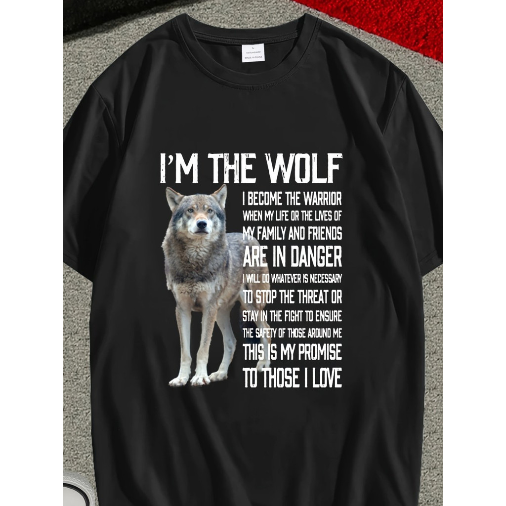 เสื้อยืดผ้าฝ้าย 100% บุคลิกภาพของผู้ชาย Cool Wolf และ Letter ผู้ชายเสื้อลําลองกลางแจ้ง comfort และแฟ