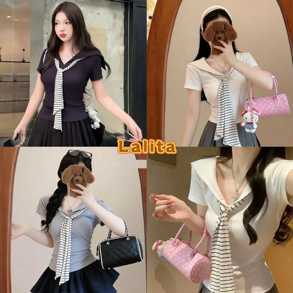 ส่งจากไทยทุกวัน เสื้อยืดผู้หญิง ผูกโบว์ลายทาง ทรงเข้ารูปช่วงเอว ผ้าเนื้อนุ่ม เสื้อคอปก 3สี Lalita