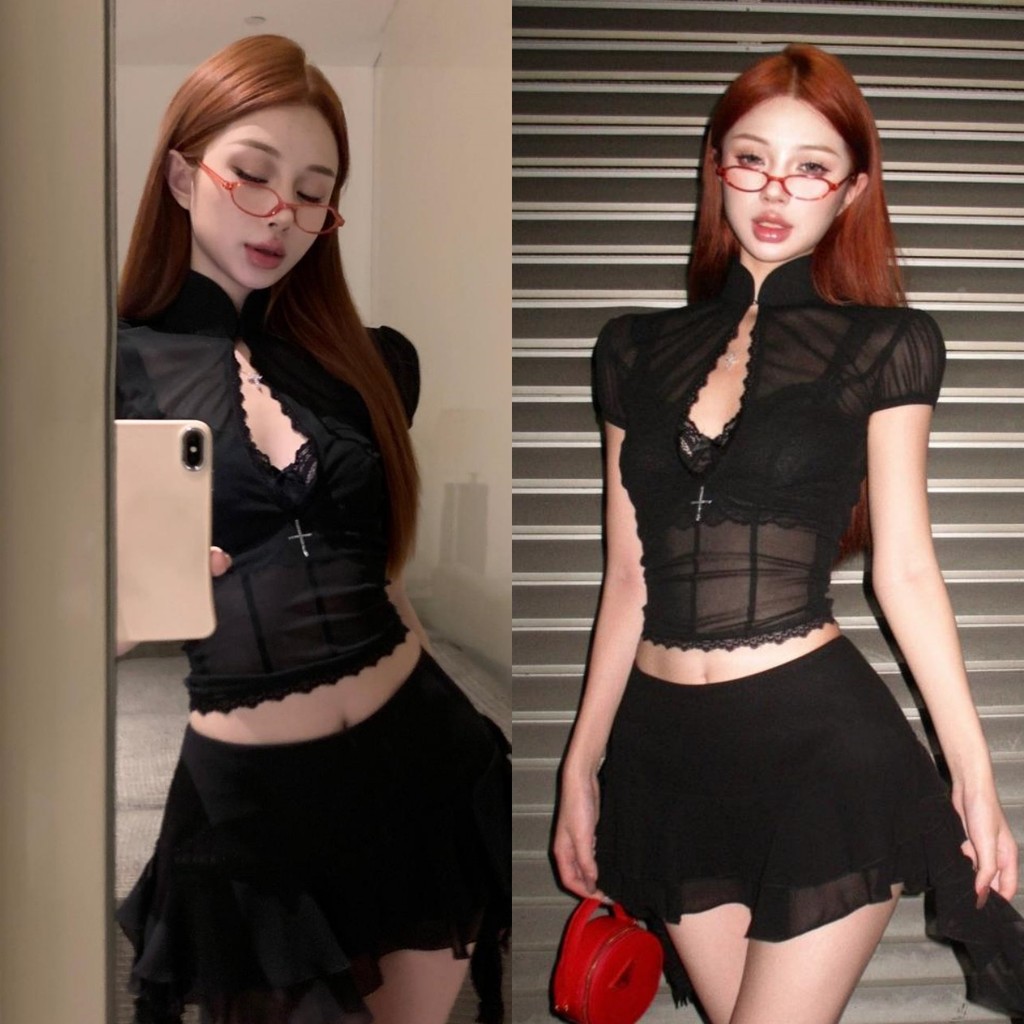 🥭Evelyn🥭เสื้อครอป ผ้าซีทรู เซ็กซี่ สีพื้น แขนสั้น เข้ารูป เสื้อยืด สไตล์เกาหลี ใส่สบาย เสื้อผ้าผู้หญิง