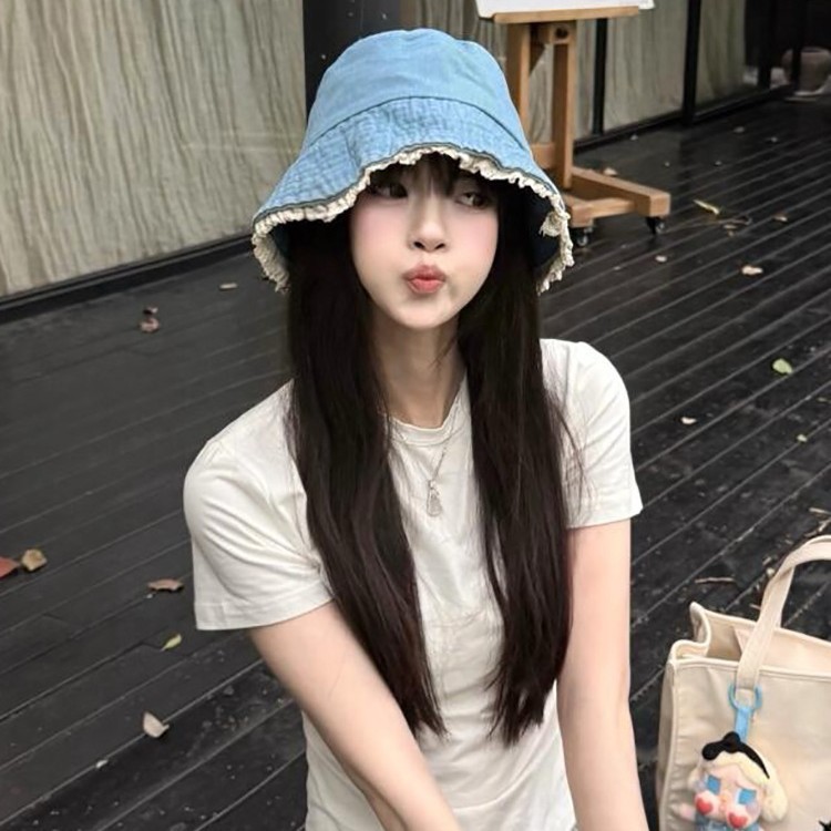 หมวกชาวประมงแบบยีนส์ลายลูกไม้ญี่ปุ่น สำหรับการเดินทางในฤดูร้อน มีม่านบังแดดที่น่ารักและหวาน