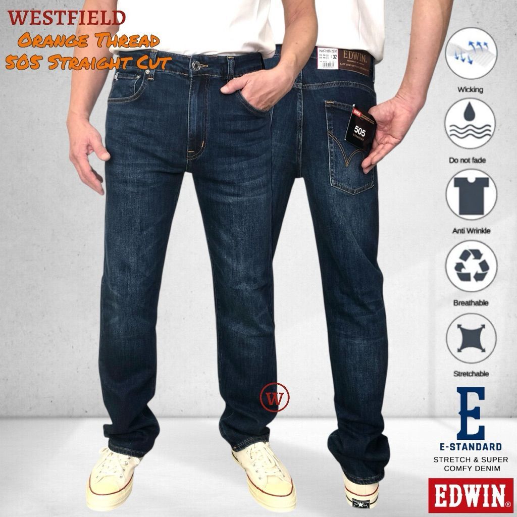 ใหม่ด้ายสีส้ม EDWIN E-Standard Mens 505 New Vintage Stretchable Straight Cut Jeans ( 7505 2889 )