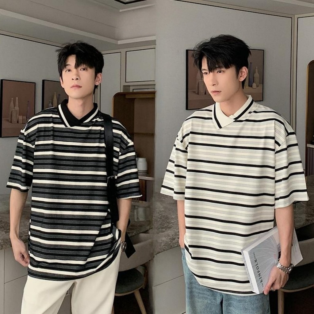 Chaistyle เสื้อยืดลายทาง การออกแบบคอเสื้อ เสื้อแฟชั่น ลำลองแมทช์ลุคง่าย ฤดูร้อนรุ่นใหม่