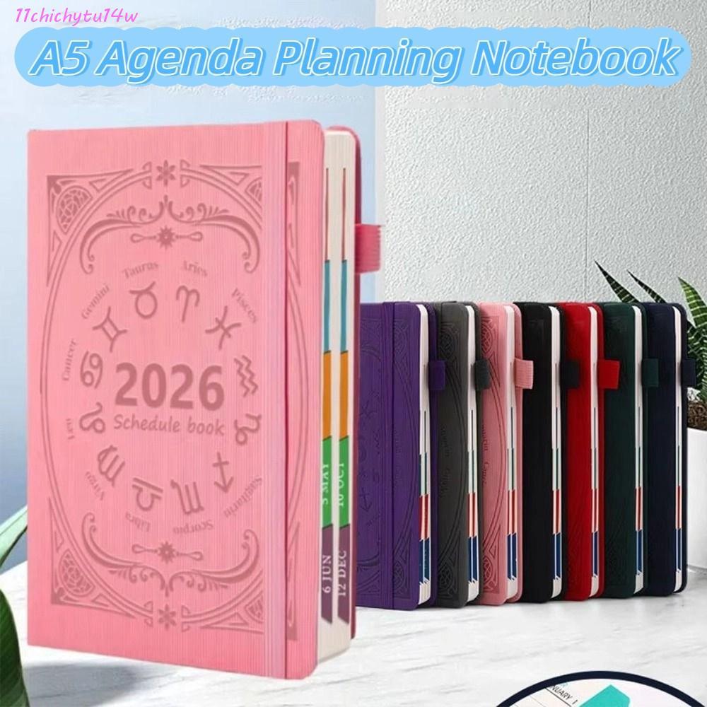CHICHYTU14W 2026 Schedule Planner Notepad, ภาษาอังกฤษ 12 เดือน A5 สมุดบันทึกวางแผนวาระ, พื้นผิว PU ท