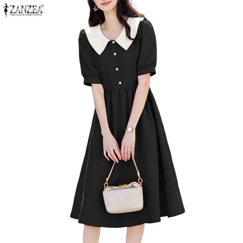 ZANZEA Midi Dress คอปอมพอม สไตล์สตรีที่สง่า แขนพัฟสีตัดกัน สไตล์เกาหลี