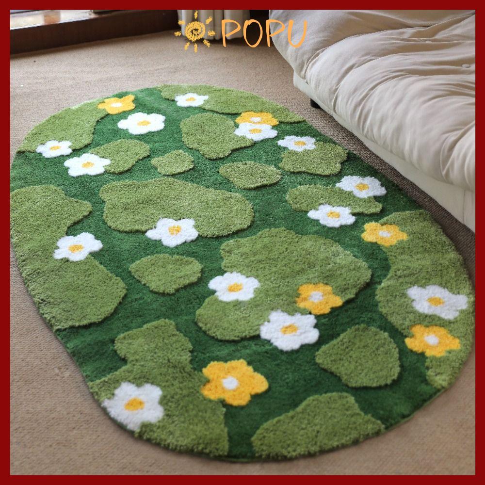 จัดส่งจากประเทศไทยPOPU พรมปูพื้นตุ๊กตา, Flocking Green Moss Floral Mat, Vivid Soft หนาพรมกันลื่นสําหรับห้องนั่งเล่นห้องนอนตกแต่งบ้าน