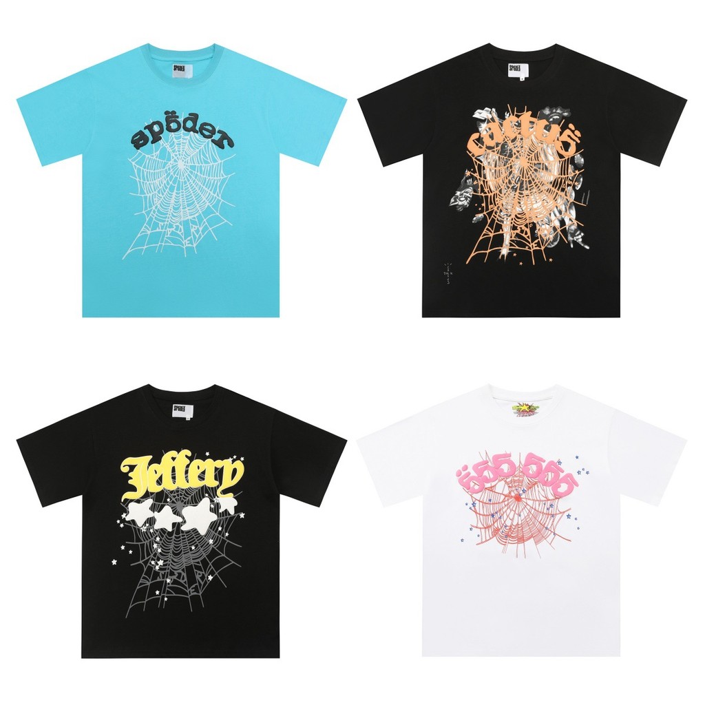 Sp5der เสื้อยืดแขนสั้นHip-Hop casual แบบโฟมพิมพ์สำหรับทั้งผู้ชายและผู้หญิง