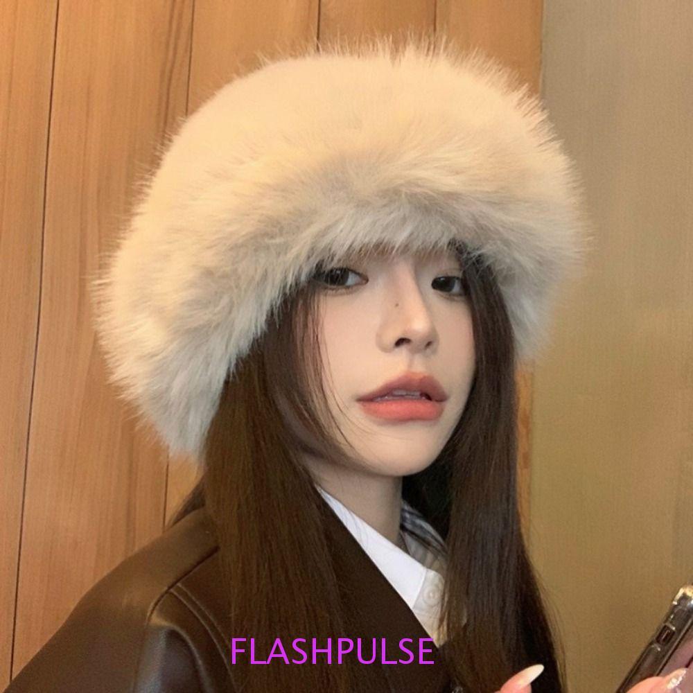 FLASHPULSE Faux Fur Bucket Hat, Warm Korean Luxury Plush Hat, Fashion Snowy Day Thicken Outdoor Wint