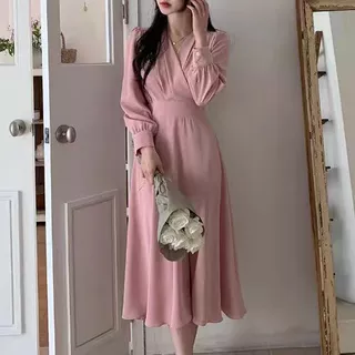 blue long sleeve dress เดรสฟ้าวันแม่ สาวอวบ เดรสผู้หญิง เกาหลี คุณหนู สบายๆ สุภาพ new 2026