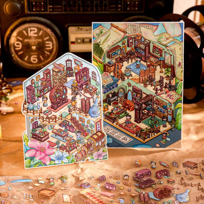 WEI 4 ชิ้น [Qiling Jiuzhai Series] 3D กันน้ําสติกเกอร์ภูมิทัศน์ Old Dream การ์ตูนสไตล์สําหรับสมุดภาพ