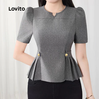 Lovito สง่างาม เสื้อเชิ้ตสีเทาเข้มหัวเข็มขัดโลหะหรูหรา เสื้อเชิ้ตฤดูใบไม้ผลิ/ฤดูร้อนสำหรับผู้หญิง L154ED525