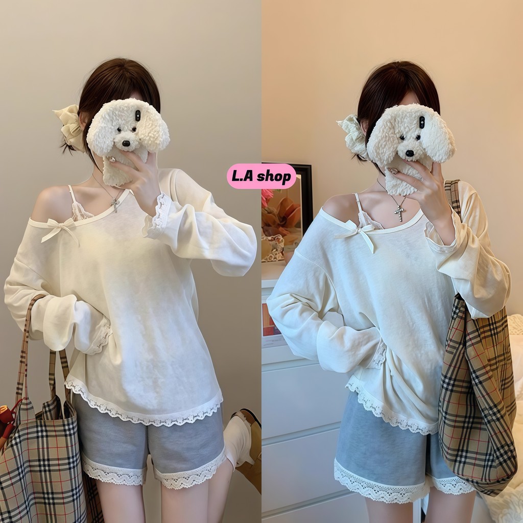 L.A Shop★เสื้อคุณภาพดี เสื้อเปิดไหล่แขนยาว โบว์ประดับ ลูกไม้ สไตล์เกาหลี ผ้าใส่สบาย FY08-0