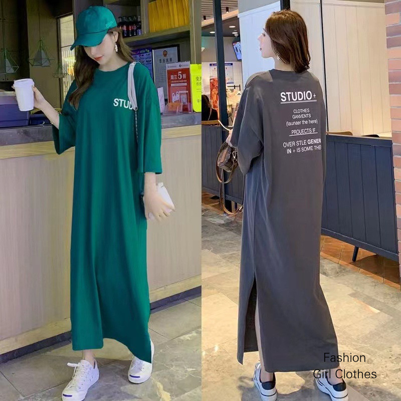 M-4XL Plus Size T-Shirt Dress Loose Over-the-Knee Dress Round Neck Short @-