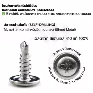 สกรูปลายสว่านหัวนูน สกรูหัวเวเฟอร์ สกรู หัวกลมแบน แฉก สแตนเลส ปลายสว่าน #8 1/2" 3/4" 5/8" (แพค100ตัว)