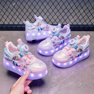 Roller Shoes โรลเลอร์สเก็ตสำหรับเด็ก ที่ถอดออกได้ Pulley Double-W Heels LED ระบายอากาศได้สะดวกสบาย 30-34 【จัดส่งจากประเทศไทย】