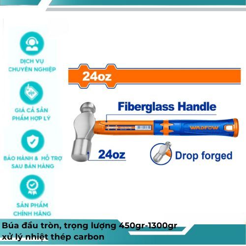 ค้อนหัวกลม น้ําหนัก 450gr-1300gr บําบัดความร้อนเหล็กคาร์บอน WADFOW- WHM8356 - WHM5316 - WHM5324