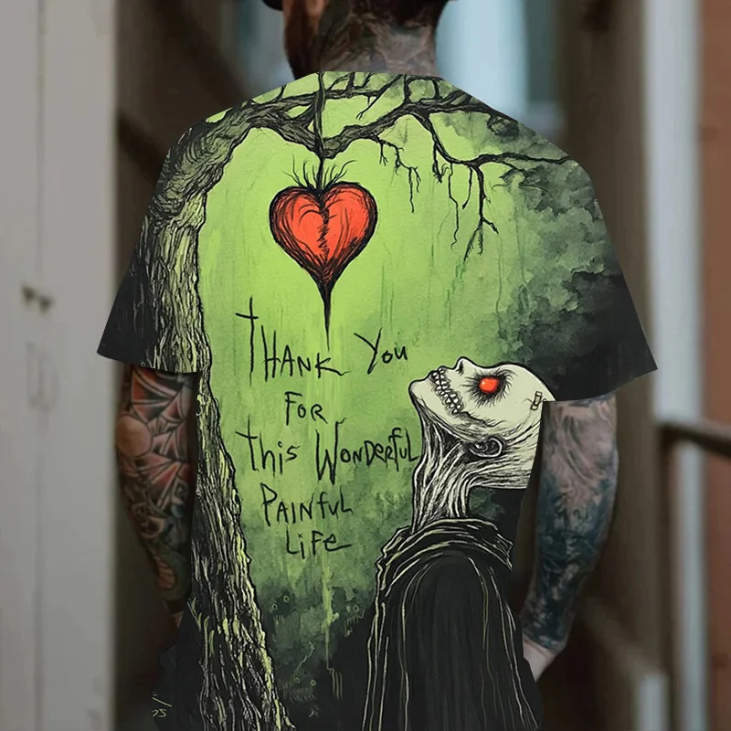 เสื้อยืดสไตล์โกธิค พร้อมพิมพ์กะโหลกศีรษะ 3D แบบแขนสั้น O-คอ สำหรับทุกไซส์