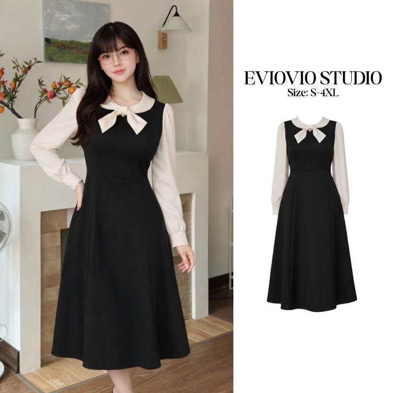 S-5XL【EVIOVIO】 ✨เดรสทำงานทรงเอ (A-Line) ทูโทนขาวดำ กระโปรงยาว เดรสเกาหลี แขนยาวสุภาพ เดรสสาวอวบ พร้อมส่งทันทีในไทย💞💫