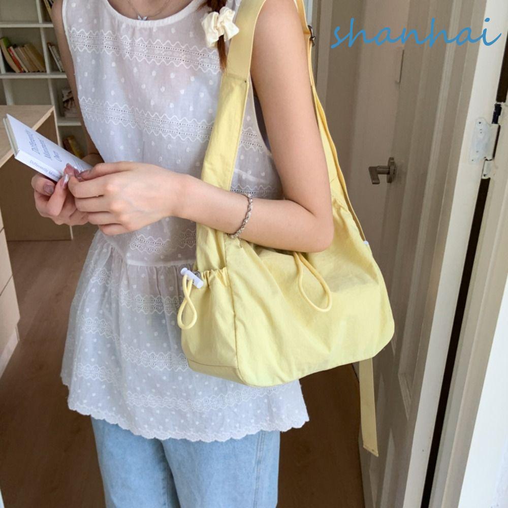 SHANHAI กระเป๋าสะพายไนลอน,ความจุขนาดใหญ่จีบ Drawstring Tote Bag,อินเทรนด์Combutเกาหลีกระเป๋าสะพายข้างกันน้ําผู้หญิง