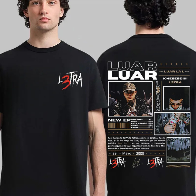 เสื้อยืดแร็พเซ็นเจอร์ Luar La L อัลบั้มเพลง L3TRA 2026 เสื้อยืดแฟชั่นฮิปฮอปสไตล์เรโทรสุดเท่สำหรับผู้