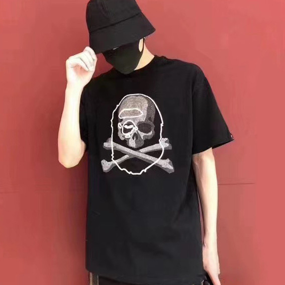 ของแท้bape A Bathing Ape เสื้อยืดสําหรับผู้ชายและผู้หญิงลําลองพิมพ์ลายหัวกะโหลกแขนสั้นผ้าฝ้าย