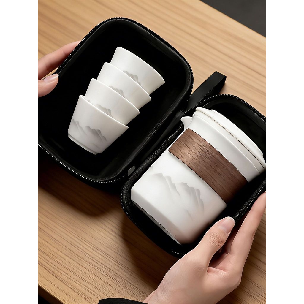 [ผลิตภัณฑ์ดูแลผิว] Suet Jade Porcelain Ink Mountain Water Travel Tea Set Outdoor Portable One Pot Fo