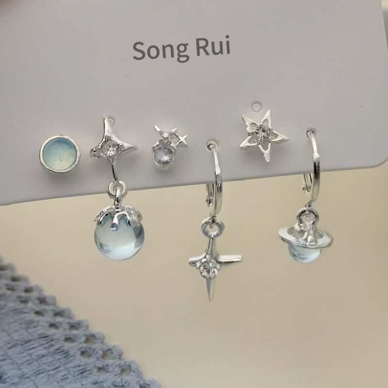 สไตล์หญิงสีฟ้า Cool Planet Cross ต่างหูใสเรขาคณิต Niche Design Cool ต่างหูชุดต่างหู ZF0D