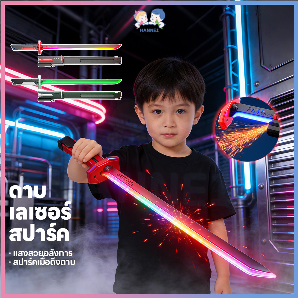 HANNEI ดาบเลเซอร์พ่นหมอก ดาบเลเซอร์ เอฟเฟกต์ประกายไฟ ของเล่นเด็ก LED 7สี ดาบเลเซอร์เด็ก