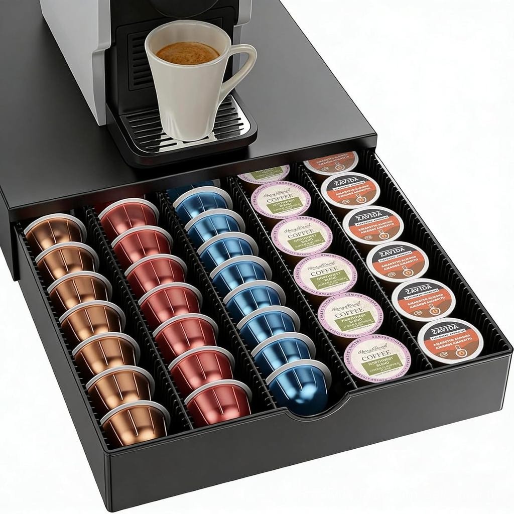 Coffee Pods Drawer Organizer เข้ากันได้กับ Nespresso Vertuo Pods ถือได้ถึง 60 เล็กหรือ 40 ขนาดใหญ่ (