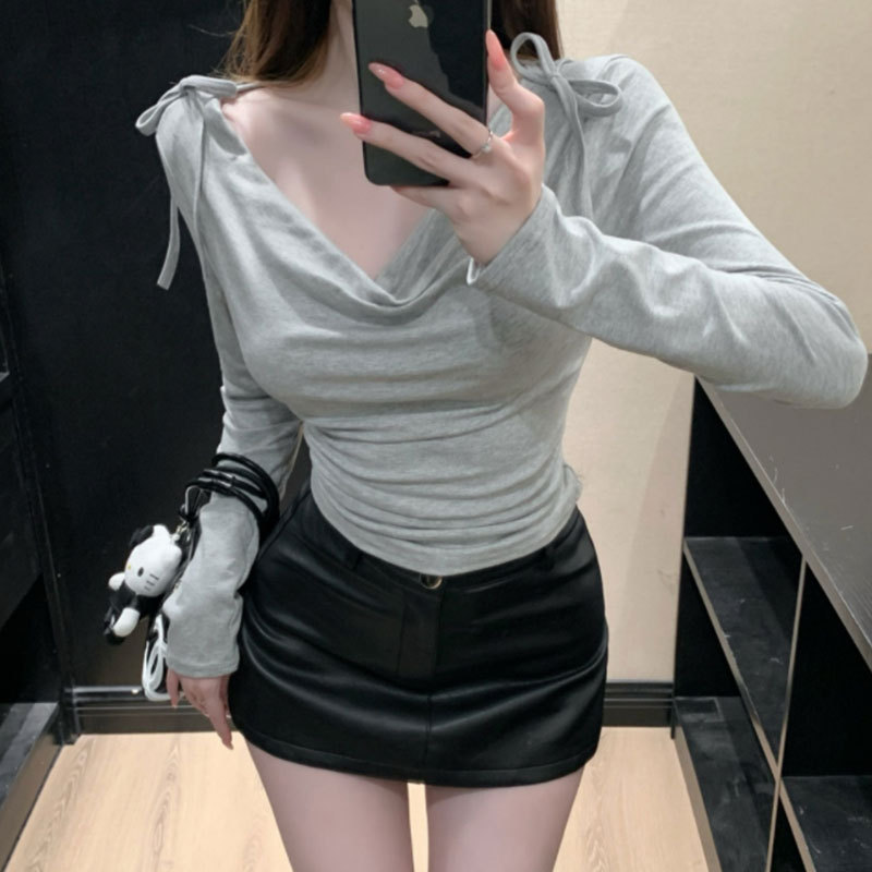 เซ็กซี่ Pure Desire Windy Collar เสื้อยืดแขนยาวผู้หญิง Bow Laced-Up ฤดูใบไม้ร่วงฤดูหนาวสไตล์ใหม่สไตล