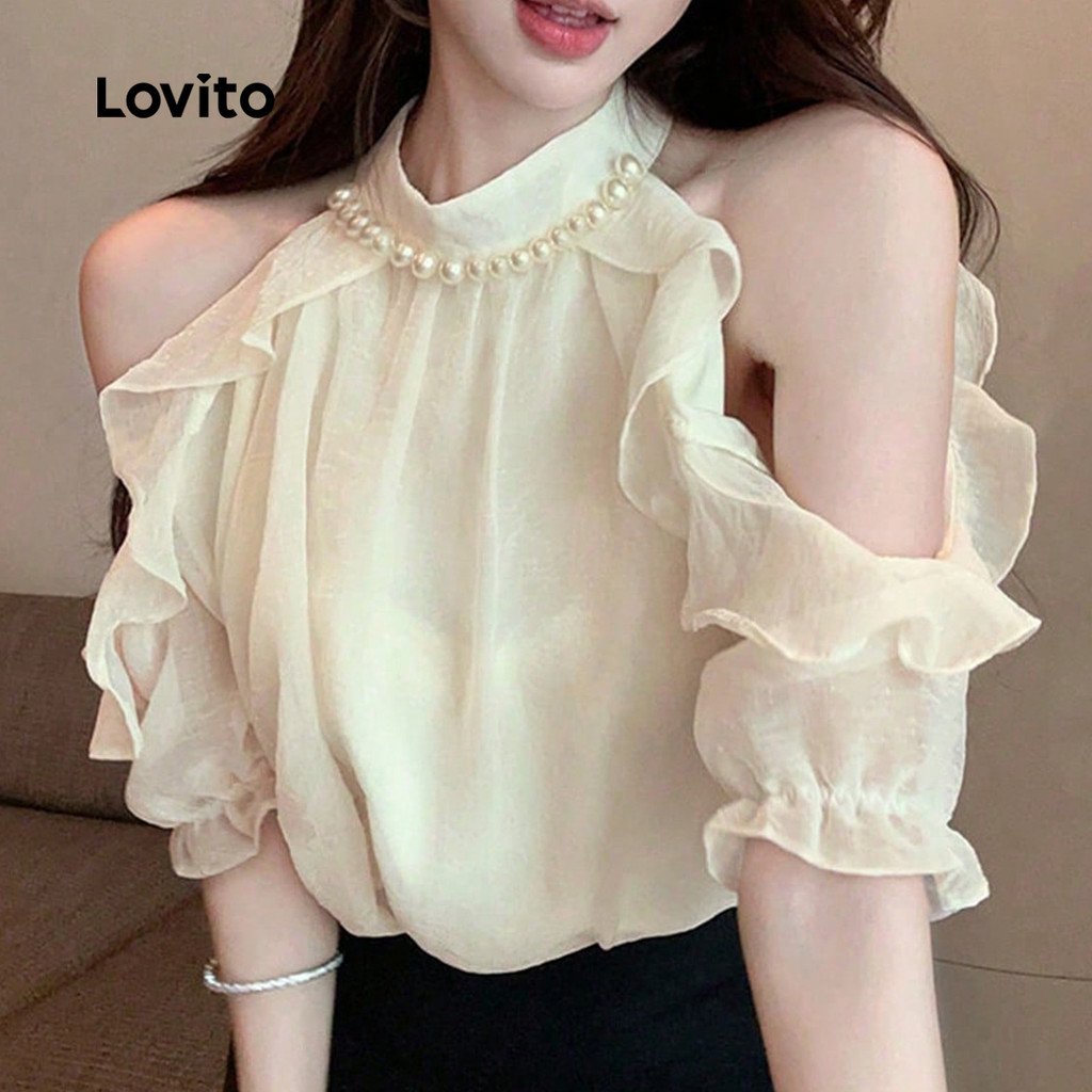 Lovito เสื้อเชิ้ตผู้หญิงสไตล์หรูหราสําหรับฤดูใบไม้ผลิ/ฤดูร้อน ดีไซน์ระบายและตัดต่อ สวยเก๋ L176ED048
