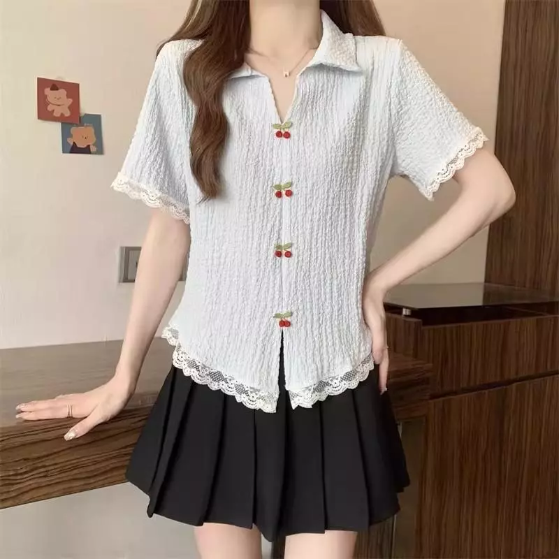 Red Berry เสื้อแขนสั้นคอวีเปิดไหล่ลายซากุระ ชายลูกไม้ W708 thumbnail 5