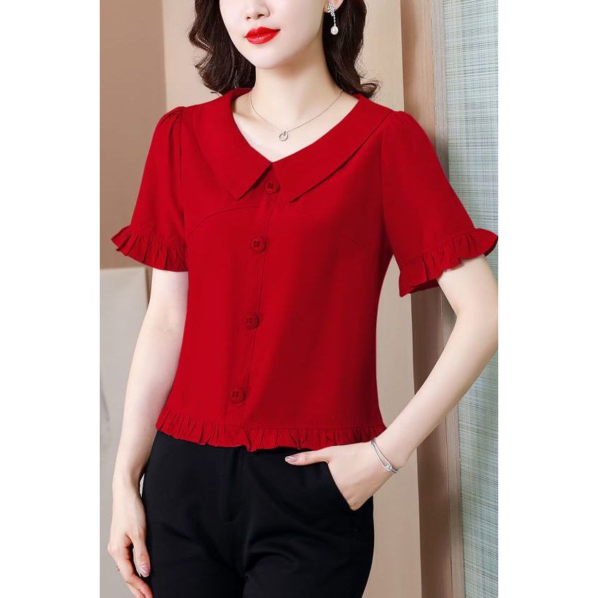 [1159 ครั้ง ทําซ้ํา] 2025 ฤดูร้อนคอตุ๊กตาแฟชั่นสไตล์ตะวันตกเสื้อขนาดเล็กเสื้ออารมณ์แคบเอวแขนสั้นด้าน