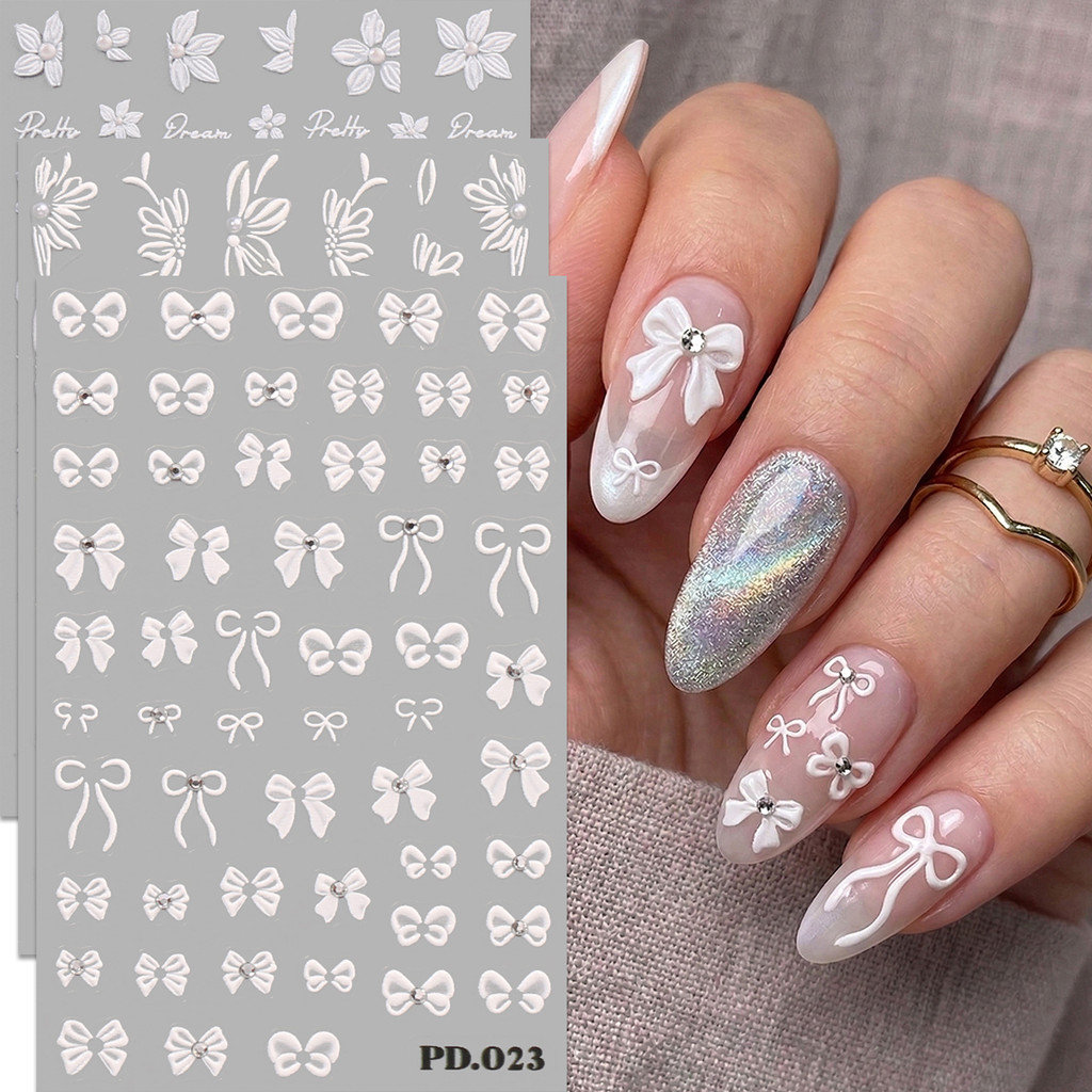 HAMA 3D นูนดอกไม้และโบว์สติกเกอร์เล็บ Self-Adhesive ดอกไม้เล็บ Decals ไข่มุก Accents สําหรับตกแต่งเล็บ