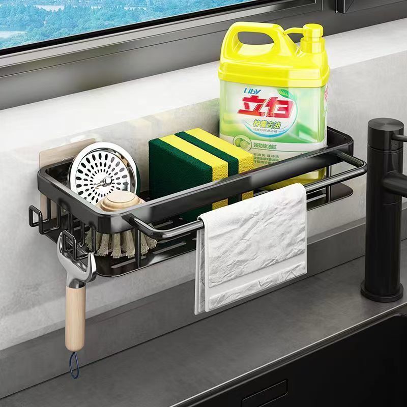 Rag Rack Kitchen Storage Rack เจาะฟรี Wall-Mounted Seasoning Rack ในครัวเรือนท่อระบายน้ําตะกร้า Sink