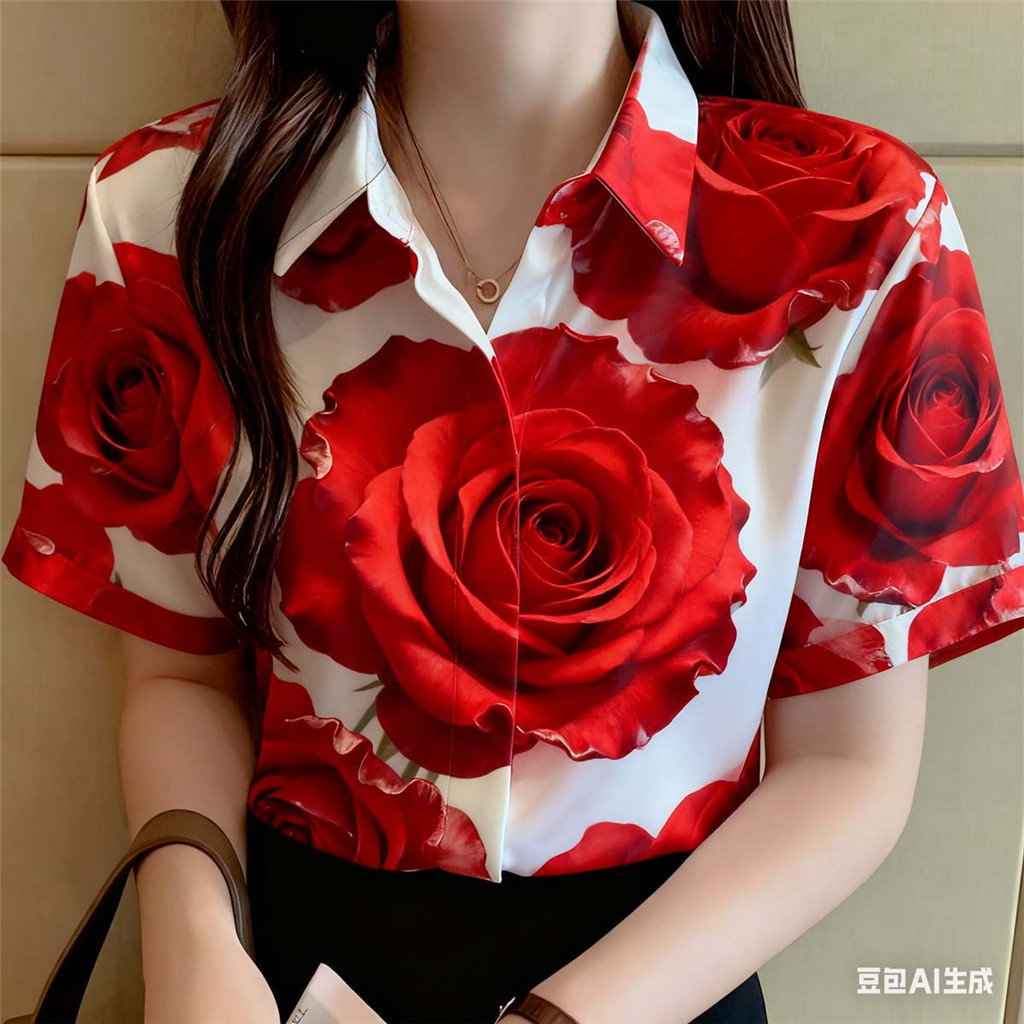 เสื้อเชิ้ตแขนสั้นไซส์ใหญ่สำหรับผู้หญิง ลายดอกไม้ ใส่สบาย