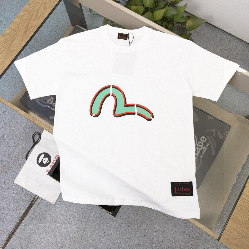 EVISU/God of Fortune 2026 ขนาดใหญ่ 6XL Star รอบคอแขนสั้นเสื้อยืดคู่สไตล์ผู้ชายฐานด้านใน Slim-fit Sli