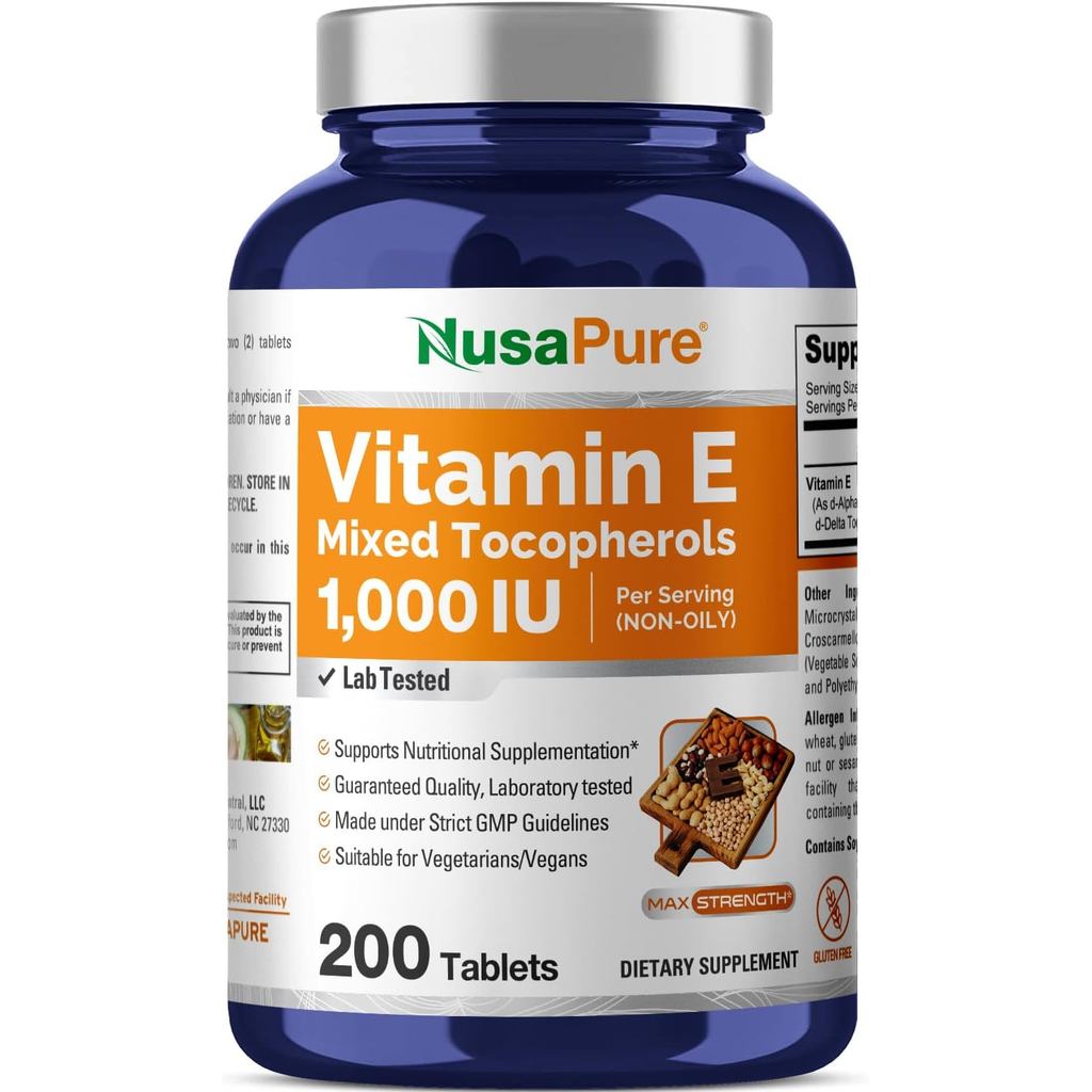 NusaPure Vitamin E Mixed Tocopherols - เหมาะสําหรับมังสวิรัติ/วีแกน, Non - GMO - 1000 IU 200 เม็ด