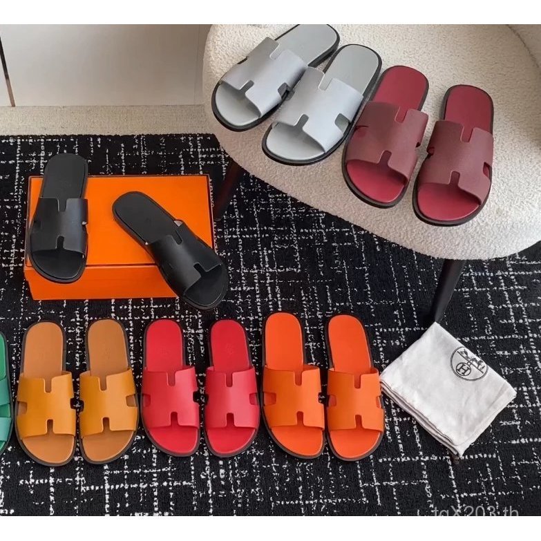 Hermes Hermes Mens Flat Hรองเท้าแตะ2024ฤดูร้อนสไตล์ใหม่Izmirลุงรองเท้าแตะรองเท้าแตะขี้เกียจHem/Herme