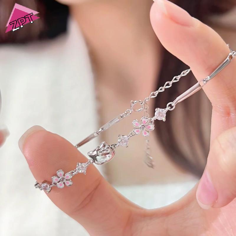 สร้อยข้อมือ Sanrio Hello Kitty ลายเพชรสีชมพูและเชอร์รี่บลอสซอม สร้อยข้อมือแฟชั่นปรับขนาดได้ เป็นของขวัญที่สวยงาม ราคา ถูกที่สุด ดีลบีเคเค แกลเลอรีภาพที่ 3