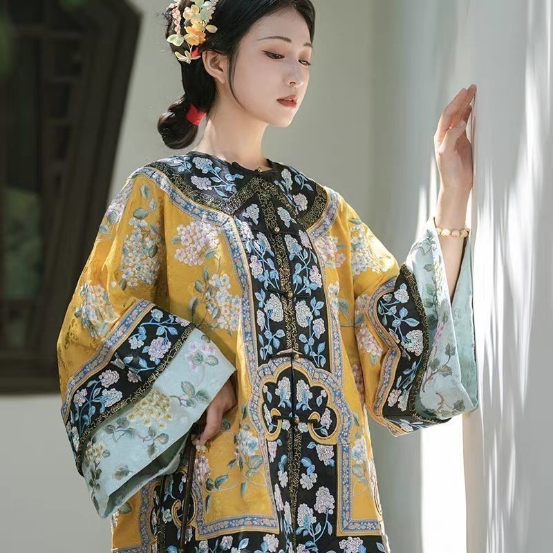Qinghan หญิง Qing Dynasty จีน Heavy Industry การพิมพ์ Qing Dynasty Horse Face to Face Lapel Hanfu#清汉