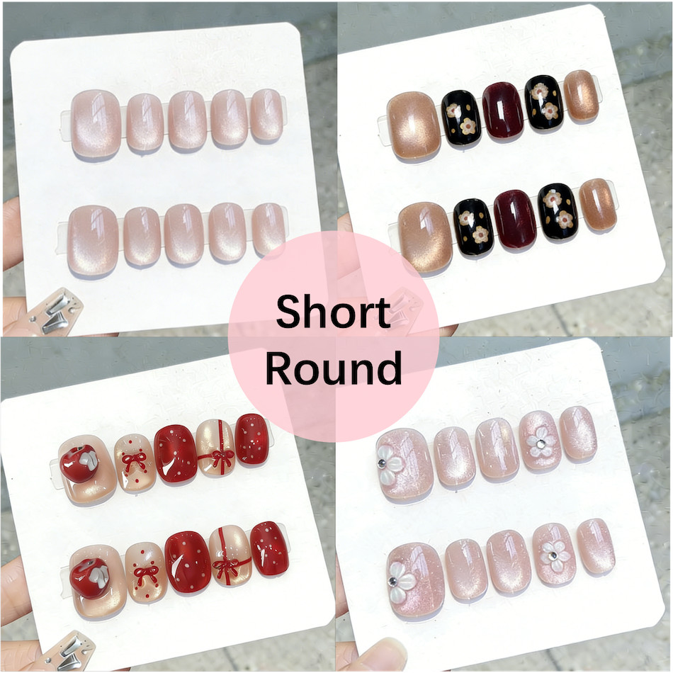 เล็บกลมสั้น | เล็บปลอม Ultra Short Cay Eye Nude Pink Maroon