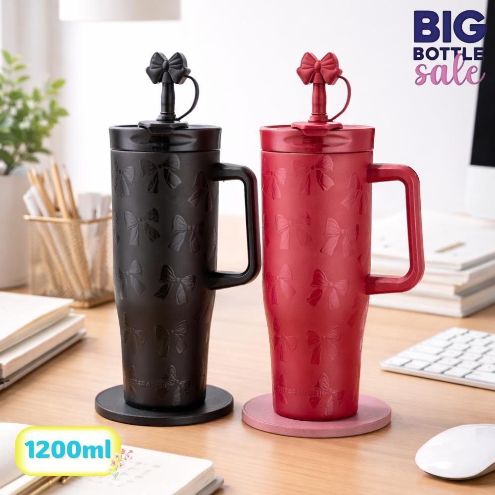 แก้วเก็บความเย็น กระติกน้ำ เก็บความเย็น ลายโบว์แบบกรีน น่ารัก  มีหลอด+หูจับ สแตนเลส304 ขนาด 1200ml.