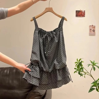 NOVA-เสื้อสายเดี่ยวผู้หญิง ตาราง ผูกขึ้น ประเภทรุ่น Slim Fit เรียบง่าย หวาน แฟชั่นสบาย ๆ