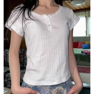 micki✨ผู้หญิง รุ่นใหม่ ประกบลูกไม้ เสื้อแขนสั้น เสื้อยืด เสื้อ